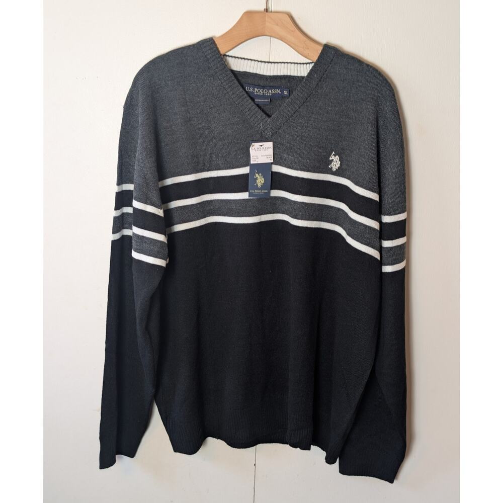 U.S. Polo Assn. V Neck Black & Gray Sweater XL